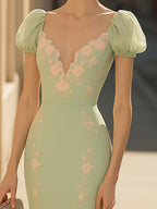 Chic Mint Green Dress Featuring Delicate Pink Floral Embroidery And Tulle Sleeves