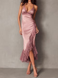 Elegant Blush Satin Lace-Trim Slip Midi Dress With Asymmetric Hem