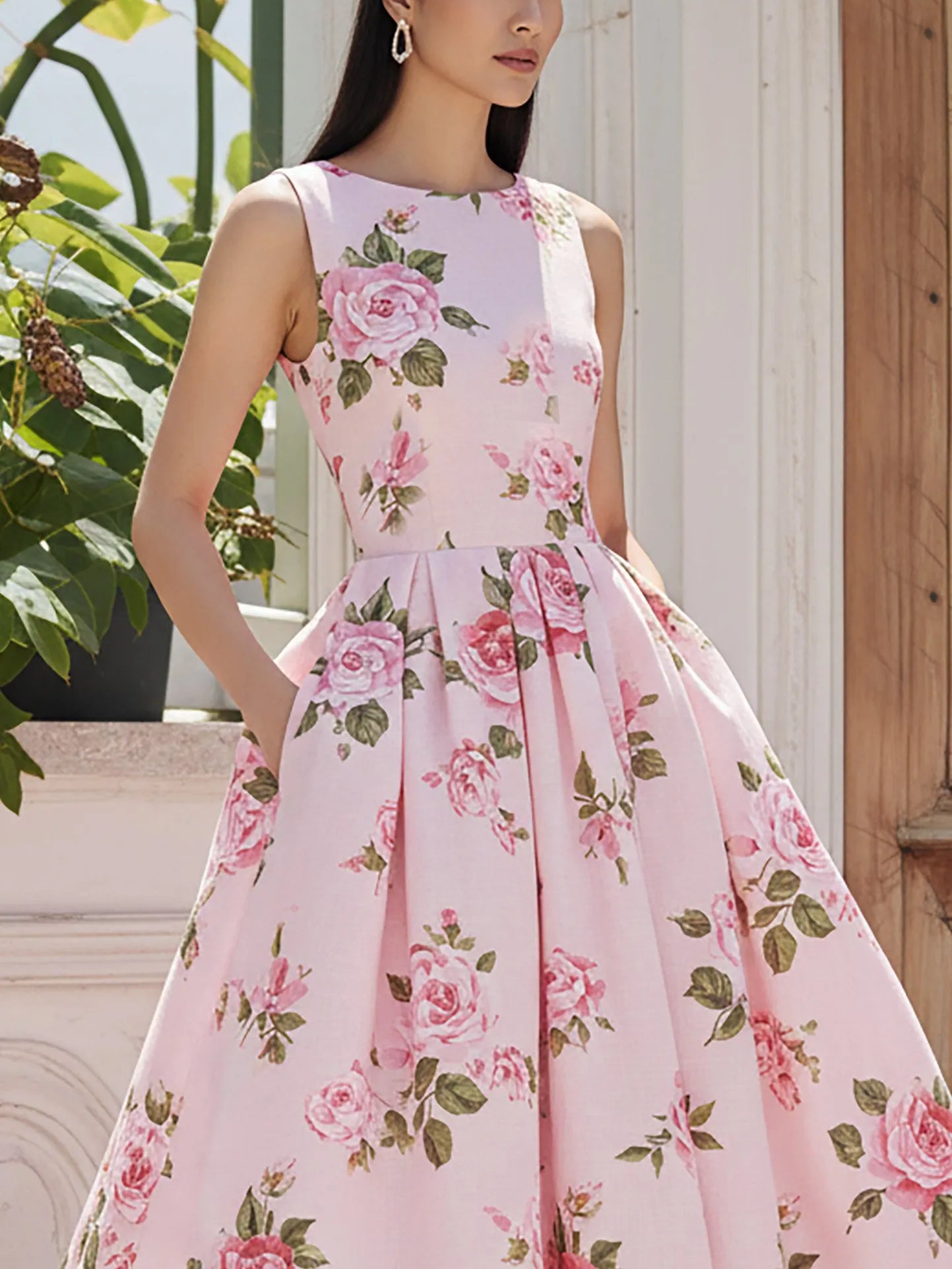 Midi Linen Dress, Sleeveless, Round Neck, Floral, Pocket Design, Vintage, Pink