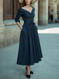 Midi Cotton Dress, Half Sleeve, V Neck, Plain, Button Design, French Vintage, Navyblue