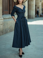 Midi Cotton Dress, Half Sleeve, V Neck, Plain, Button Design, French Vintage, Navyblue