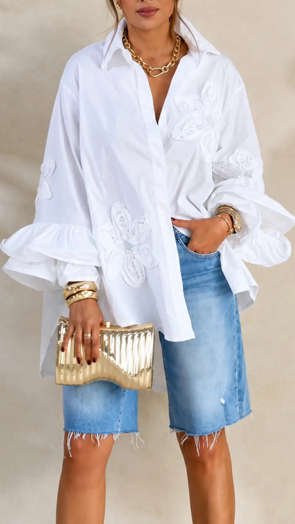 Oversized  Embroidery Ruffle Shirt & Raw‑Hem Denim Knee Shorts