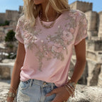 Women's Vintage Pink Flower Embroidery Art Short Sleeve Linen Blend T-shirt