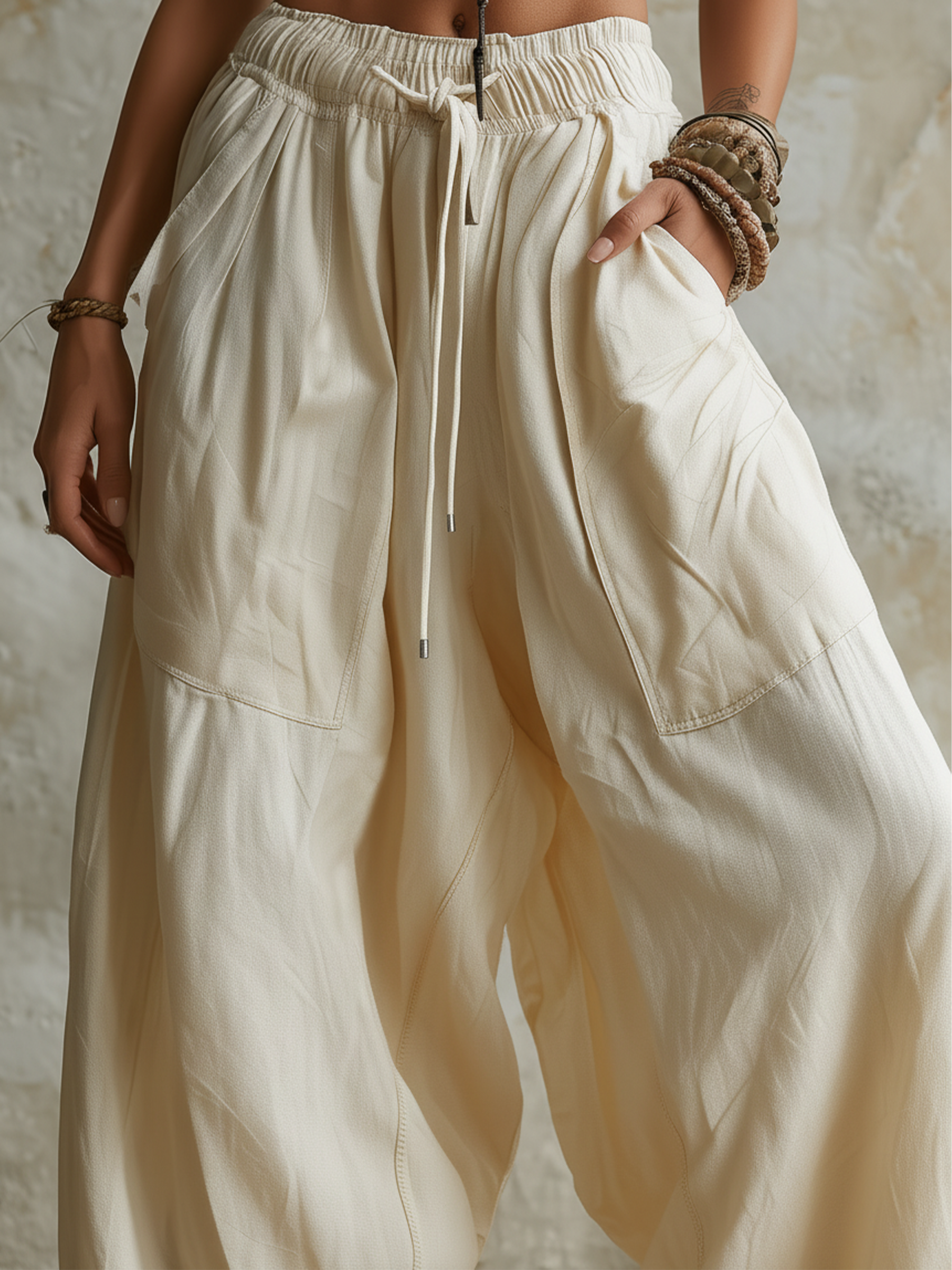 Beige High Waist Drawstring Wide Leg Baggy Pants