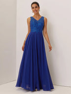 Blue Sequin Lace Chiffon V Neck Sleeveless A-Line Maxi Mother of the Bride or Groom Dress