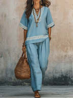 Effortless Boho Embroidered Linen Two-Piece Set In Sky Blue