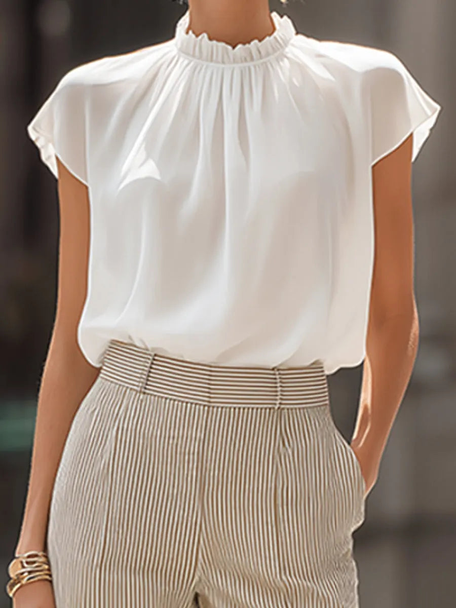 Ruffled Neck Blouse And Striped Wide-Leg Pants Set