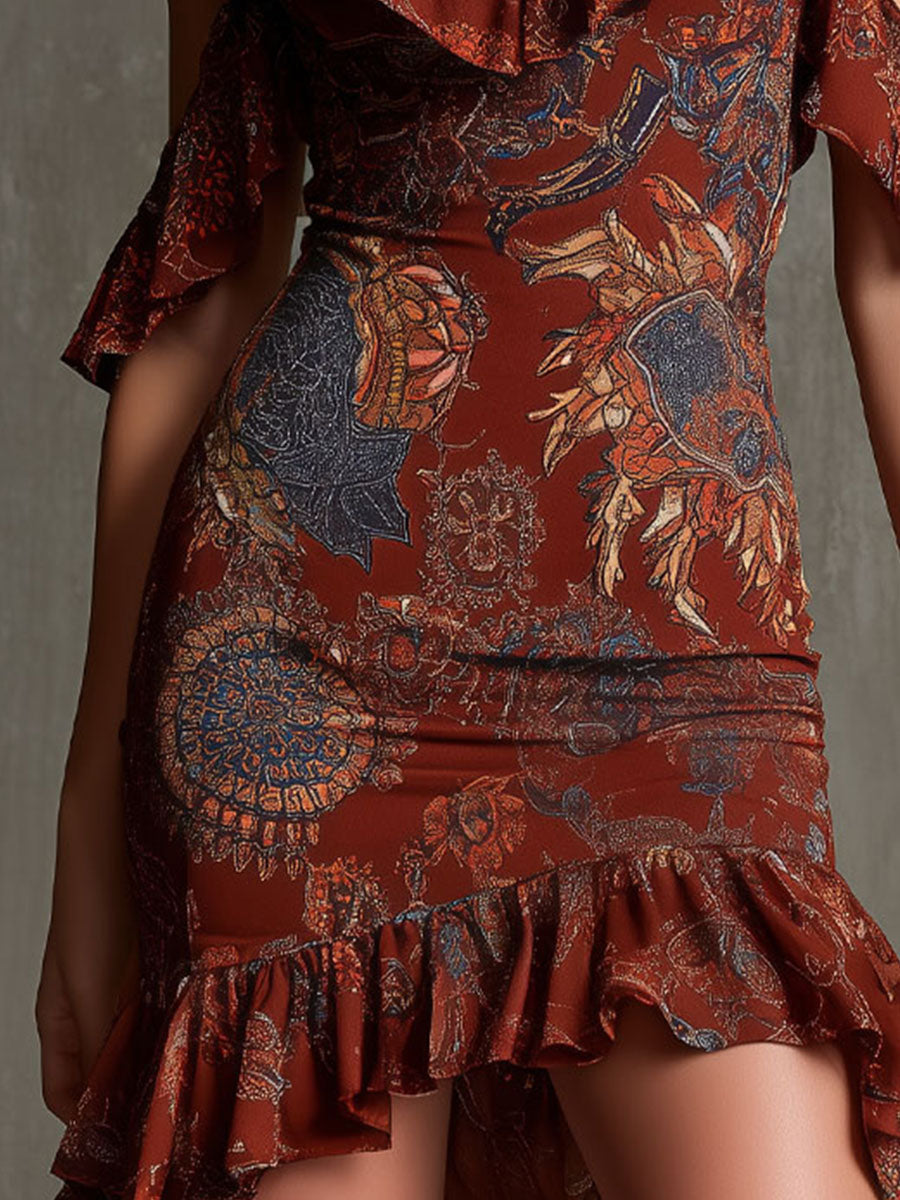 Bohemian Ember Ruffled Cold-Shoulder Mini Dress