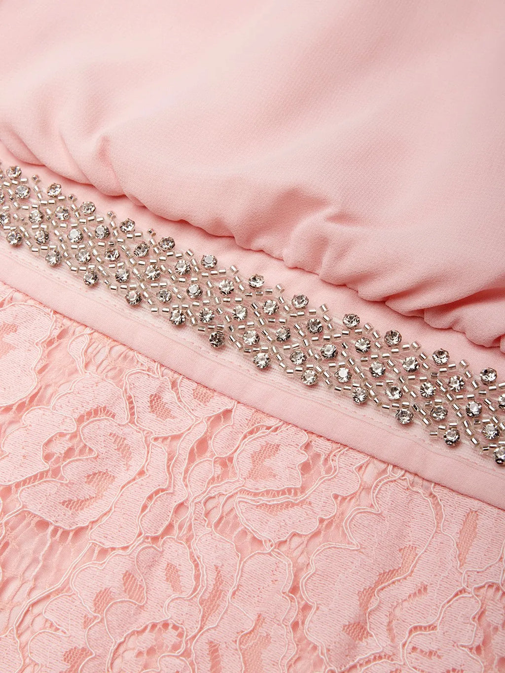 Pink Rhinestone Ruched Lace Halter Crew Neck Sleeveless Mermaid Floor-length Gown Dress