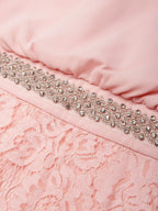 Pink Rhinestone Ruched Lace Halter Crew Neck Sleeveless Mermaid Floor-length Gown Dress