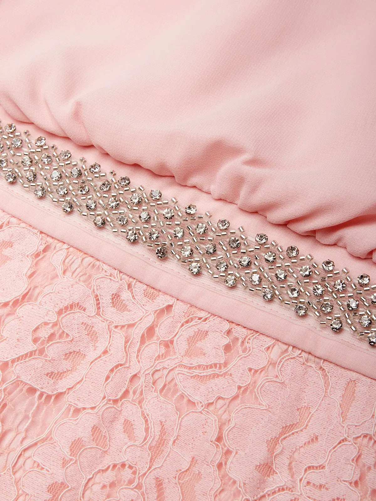 Pink Rhinestone Ruched Lace Halter Crew Neck Sleeveless Mermaid Floor-length Gown Dress