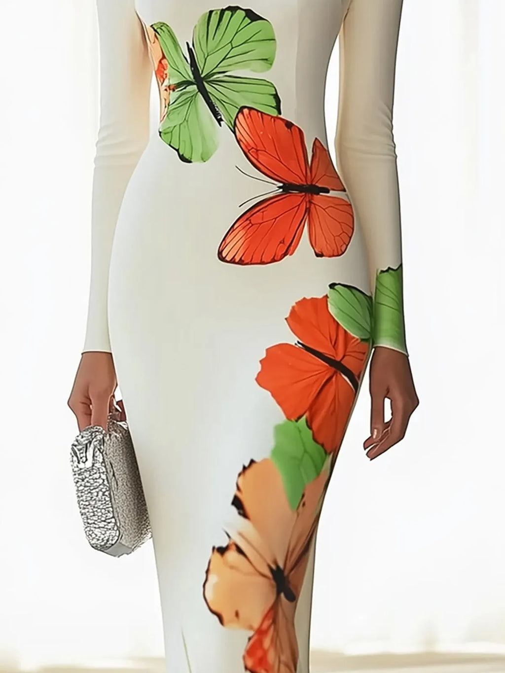 Ivory Bodycon Dress with Colorful Butterfly Graphics