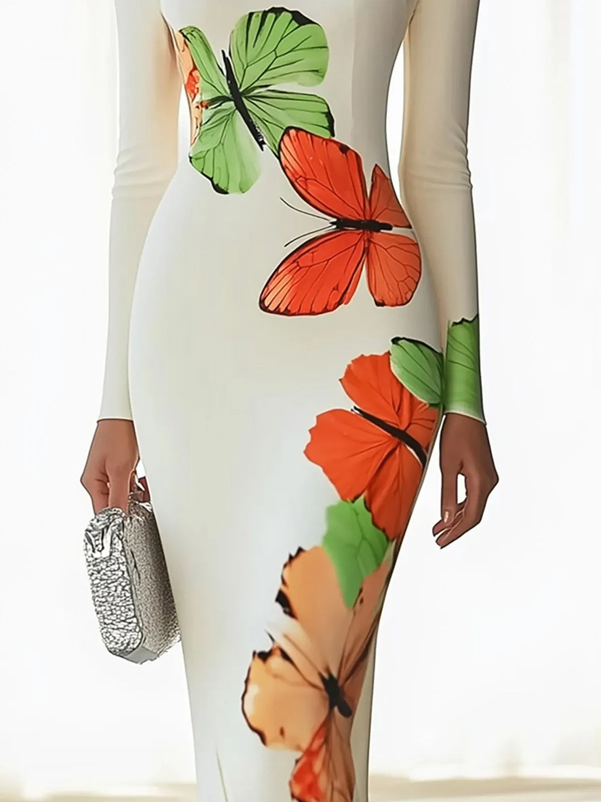 Ivory Bodycon Dress with Colorful Butterfly Graphics