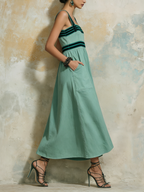 Mint Green Denim Square Neck Midi Dress With Contrast Stripes & Pockets