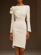 Cream White Bow Long Sleeve Sheath Midi Dress
