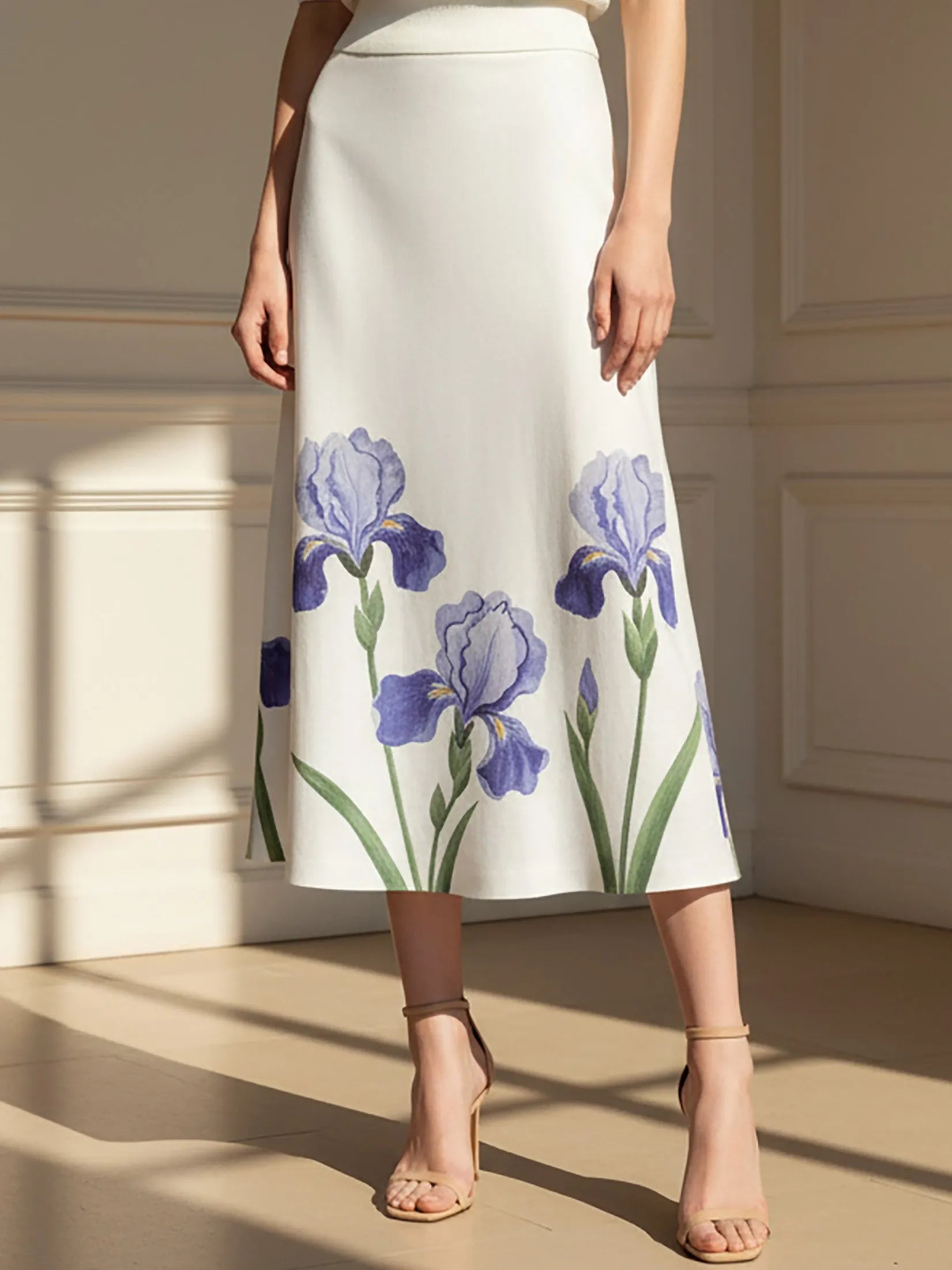 Midi Linen Skirt,  Floral, Vintage, White