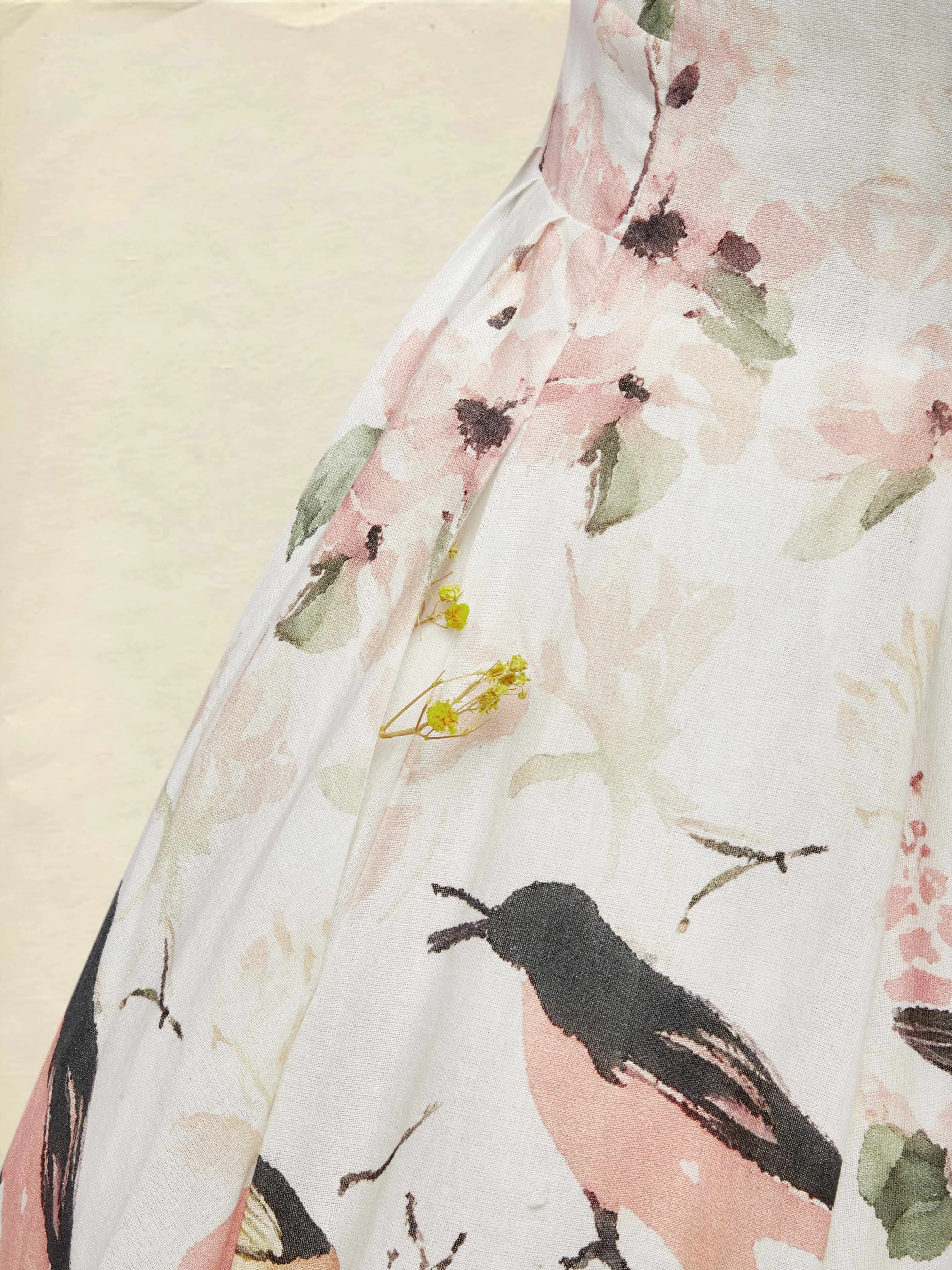 Linen Maxi Dress, Balloon Sleeve, Shawl Collar, Floral, Vintage, White
