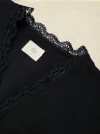 Linen Shirt, Half Sleeve, V Neck, Plain, Lace, French Vintage, Black