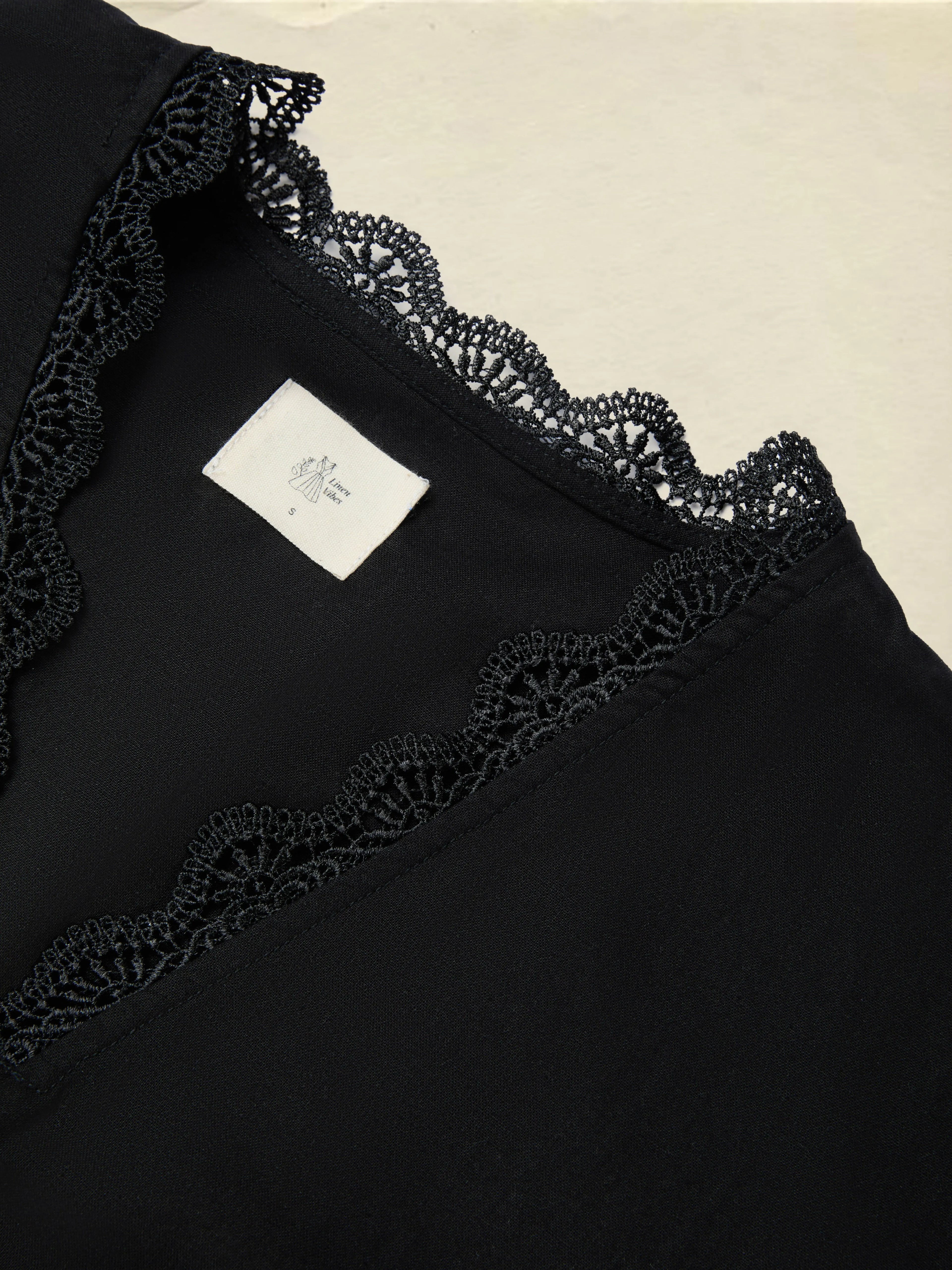 Linen Shirt, Half Sleeve, V Neck, Plain, Lace, French Vintage, Black