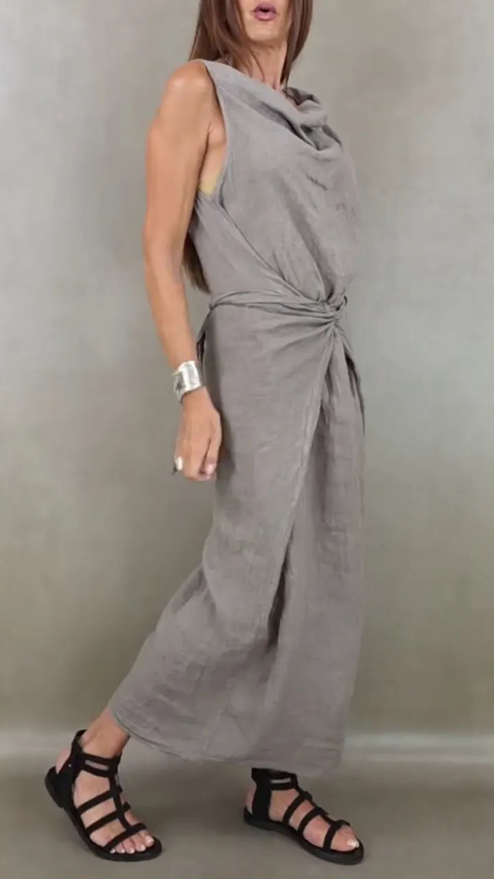 Linen Blend Sleeveless Wrap  Dress