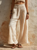 Beige Linen Blend High Waist Wide Leg Pants