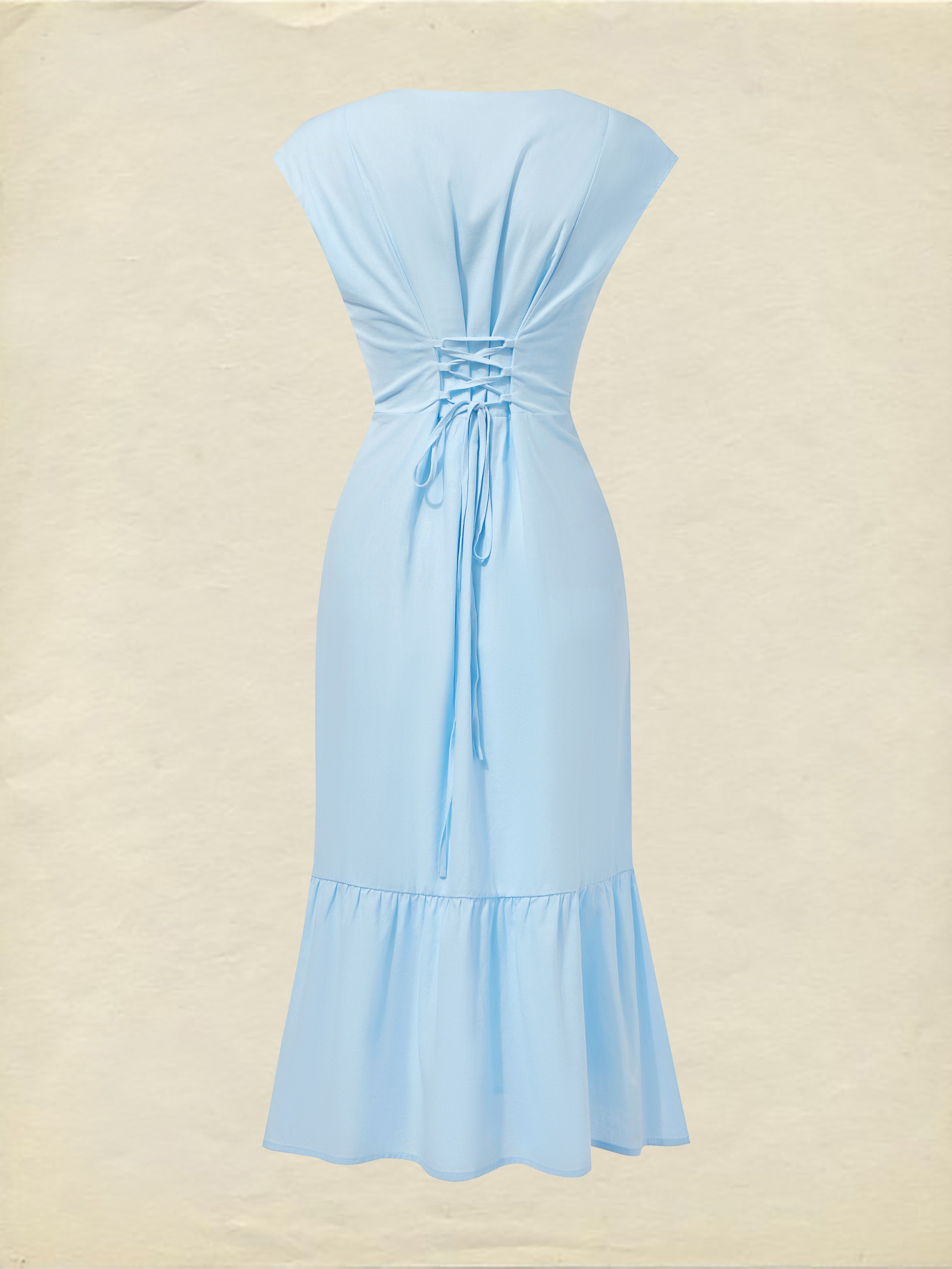 Midi Linen Dress, Crew Collar, Cap Sleeve,  Button Down, Cottagecore, Linen Blend, Blue
