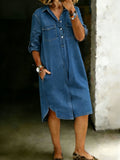 Women's Solid Color Shirt Casual Denim Pocket Shirt Dress