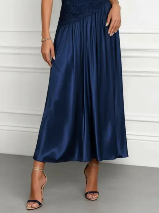 Purplish Blue Lace Satin Crew Neck Sleeveless A-Line Maxi Dress