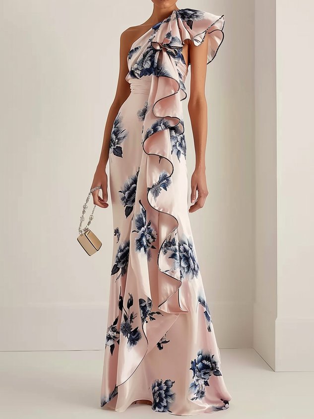 Pink Floral Satin One-Shoulder Ruffled A-Line Maxi Dress