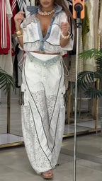 White Denim Patch Lace Two Piece Tracksuit