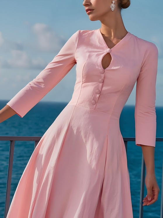 Midi Cotton Dress , Half Sleeve, V Neck, Plain, Button Design, French Vintage, Pink
