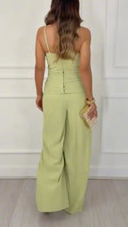 V Neck Ruched Bodice Wide Leg Jumpsuit