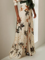 White Floral V Neck Long Sleeve A-Line Maxi Dress