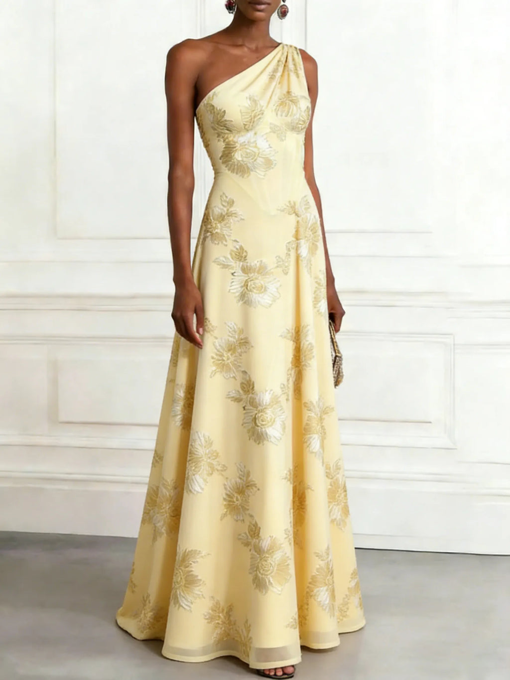 Yellow Jacquard Classic One Shoulder Sleeveless A-Line Maxi Dress