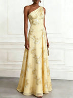 Yellow Jacquard Classic One Shoulder Sleeveless A-Line Maxi Dress