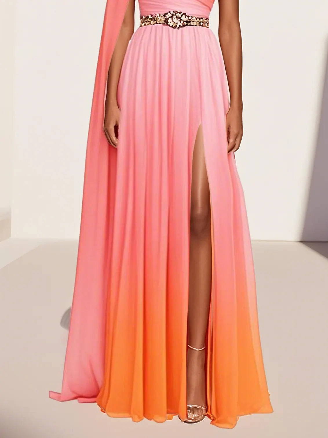 Orange Pink Side-Slit One Shoulder Sleeveless A-Line Gown Chiffon Dress