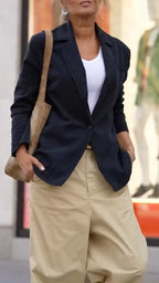 Navy Blazer & Khaki Wide‐Leg Trousers Matching Set