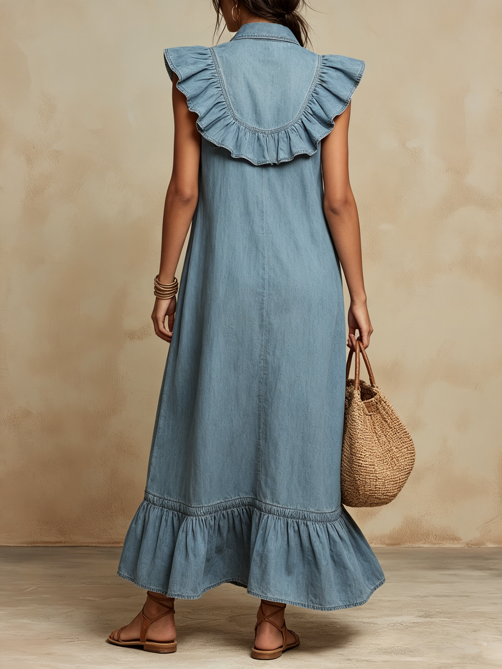 Light Wash Denim Ruffle-Sleeve Button-Down Maxi Dress