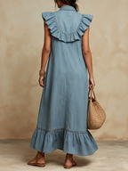 Light Wash Denim Ruffle-Sleeve Button-Down Maxi Dress