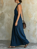 Dark Blue Tencel Denim Halter Neck Backless Maxi Dress