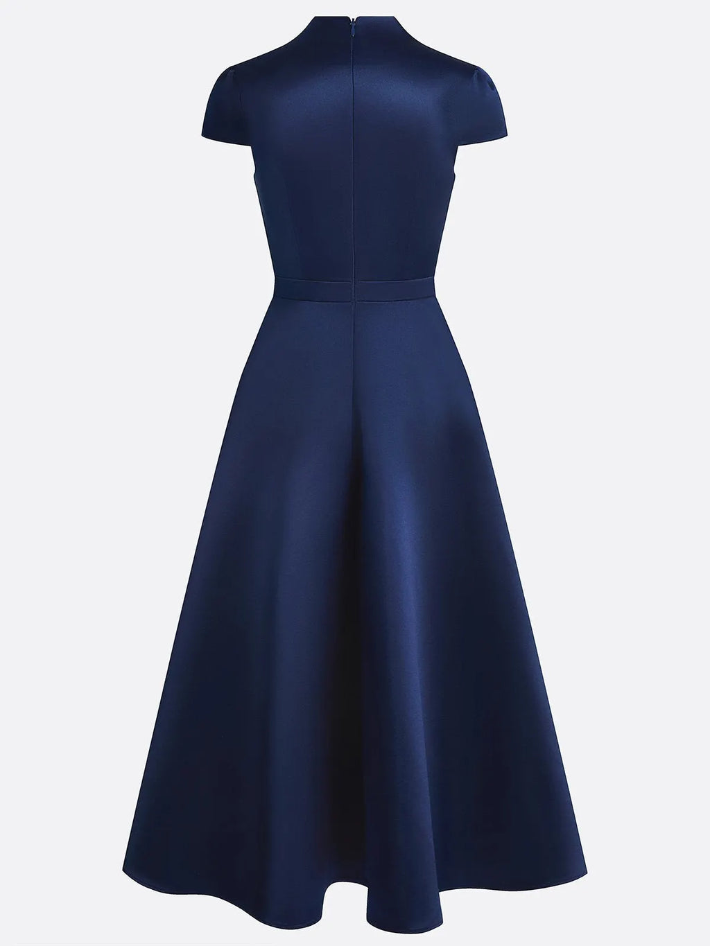 Navy Blue Satin Stand Collar Short Sleeve A-Line Maxi Dress