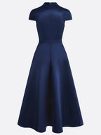 Navy Blue Satin Stand Collar Short Sleeve A-Line Maxi Dress