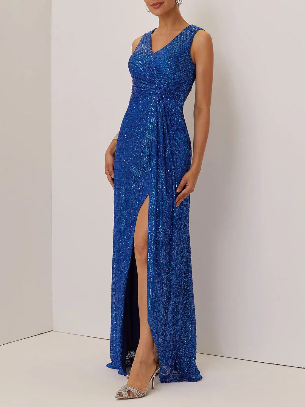 Blue Ruched Sequin V Neck Sleeveless A-Line Maxi Mother of the Bride or Groom Dress