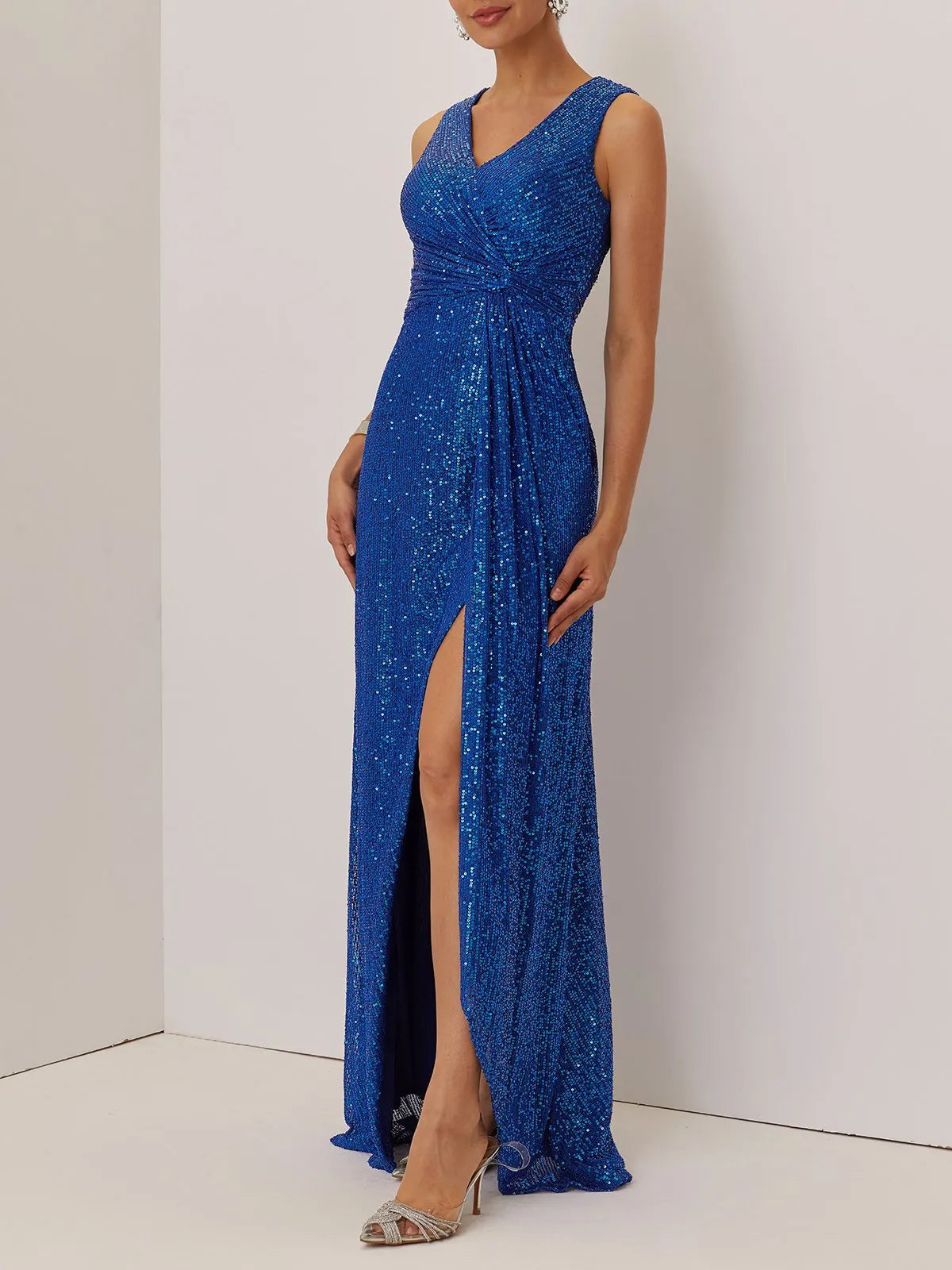 Blue Ruched Sequin V Neck Sleeveless A-Line Maxi Mother of the Bride or Groom Dress