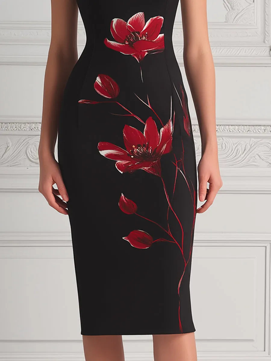 Black Cowl Neck Red Floral Print Bodycon Midi Dress