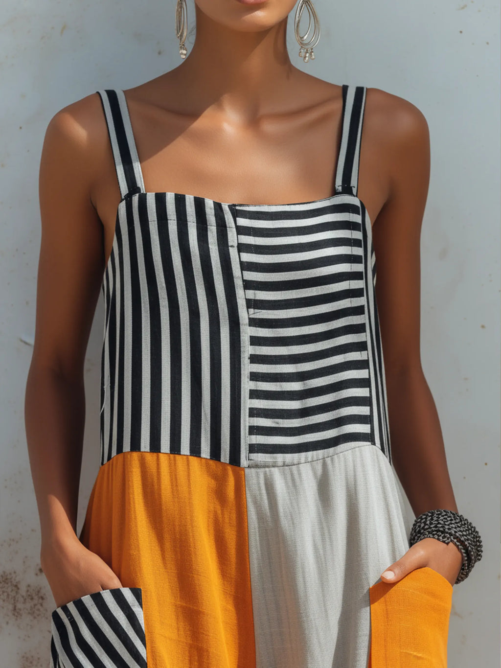 Bold Color-Block Linen-Blend Wide-Leg Jumpsuit With Patch Pockets