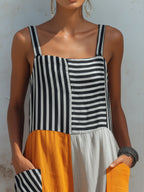 Bold Color-Block Linen-Blend Wide-Leg Jumpsuit With Patch Pockets