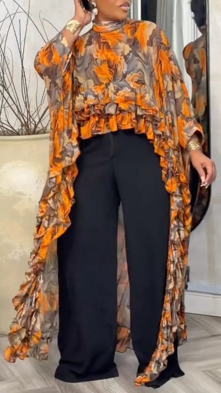 Ruffled Chiffon Printed Cape Top