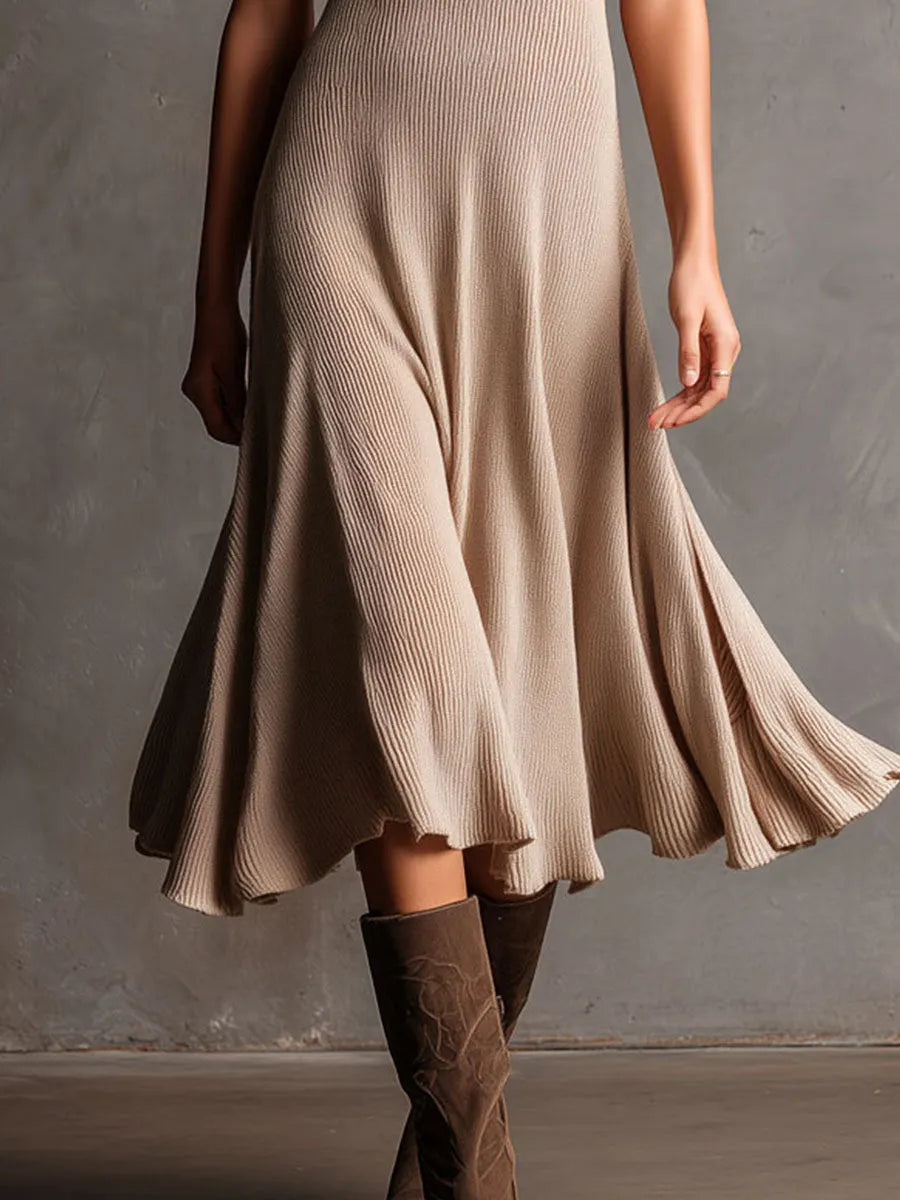 Scoop Neck Light Apricot Ribbed Knit Midi Dress With Flared Hem