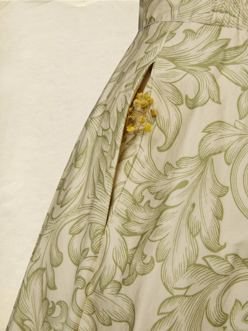 Midi Cotton Skirt Set, Long Sleeves, V Neck, Leaf, Plants, Button Design, Vintage, Light Khaki